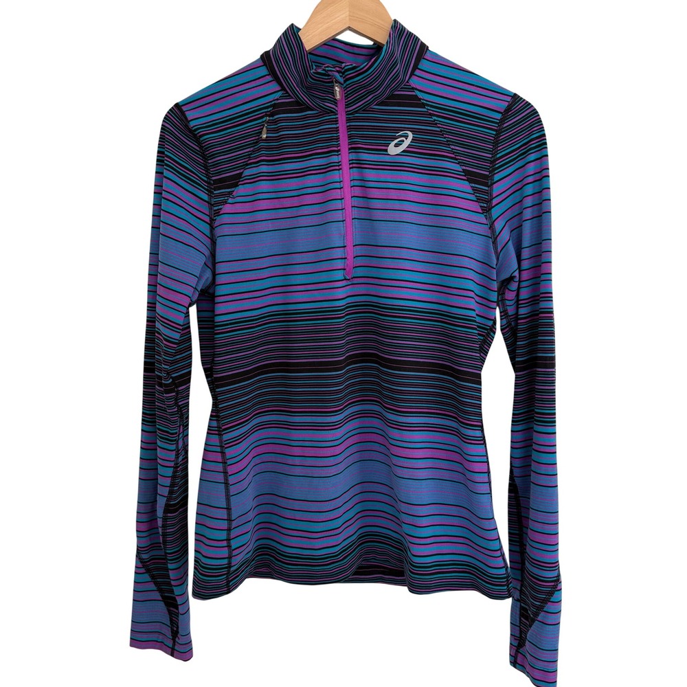 ASICS Women's Striped Quarter Zip Long Sleeve Running Purple Blue Black Size L
